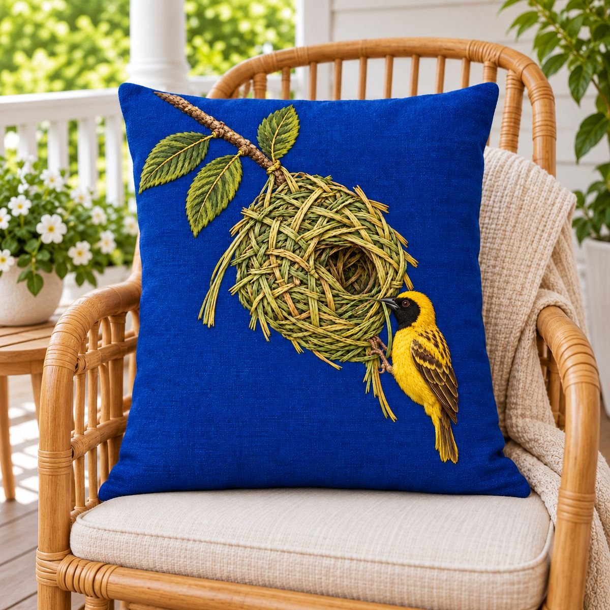 Weaverbird embroidery design in a digital mockup of A tall rectangular cushion on a warm rattan rocking chair, portrait face flat and spacious, cobalt-plum cloth; quiet covered veranda, no leaf shadows across the artwork. Placement inspiration for Study 21.