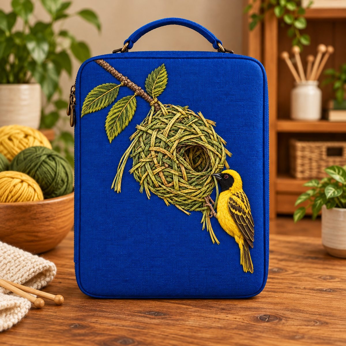 Weaverbird embroidery design in a digital mockup of A large upright linen knitting-project case with reinforced rectangular sides and handle above the art, the portrait embroidery occupies its flat front; yarn basket to the side, not covering the design. Placement inspiration for Study 21.