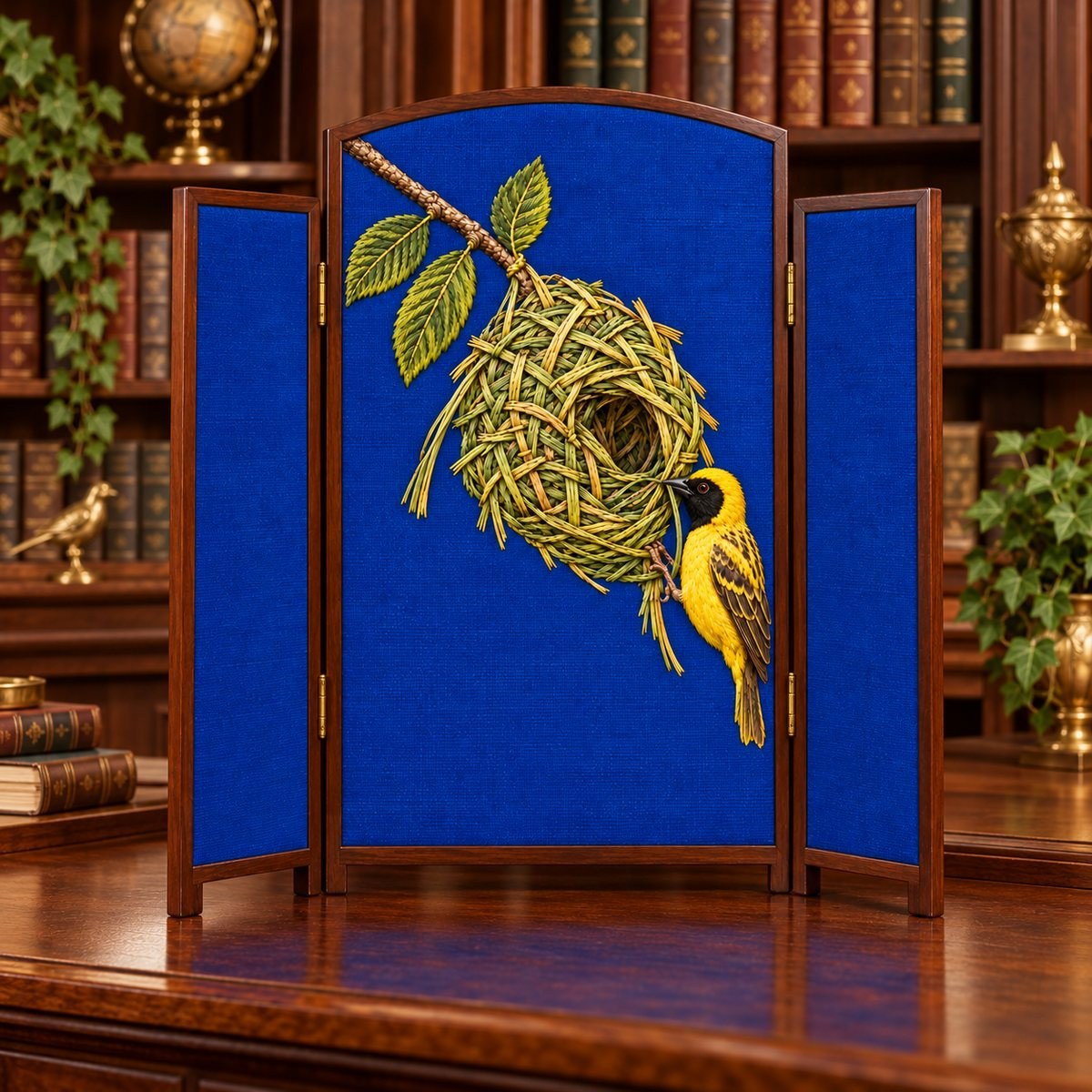 Weaverbird embroidery design in a digital mockup of A tall cobalt-plum linen privacy panel stretched within a small tabletop folding screen, central panel fully frontal and side wings plain; warm library desk with the bird hanging naturally below its nest. Placement inspiration for Study 21.