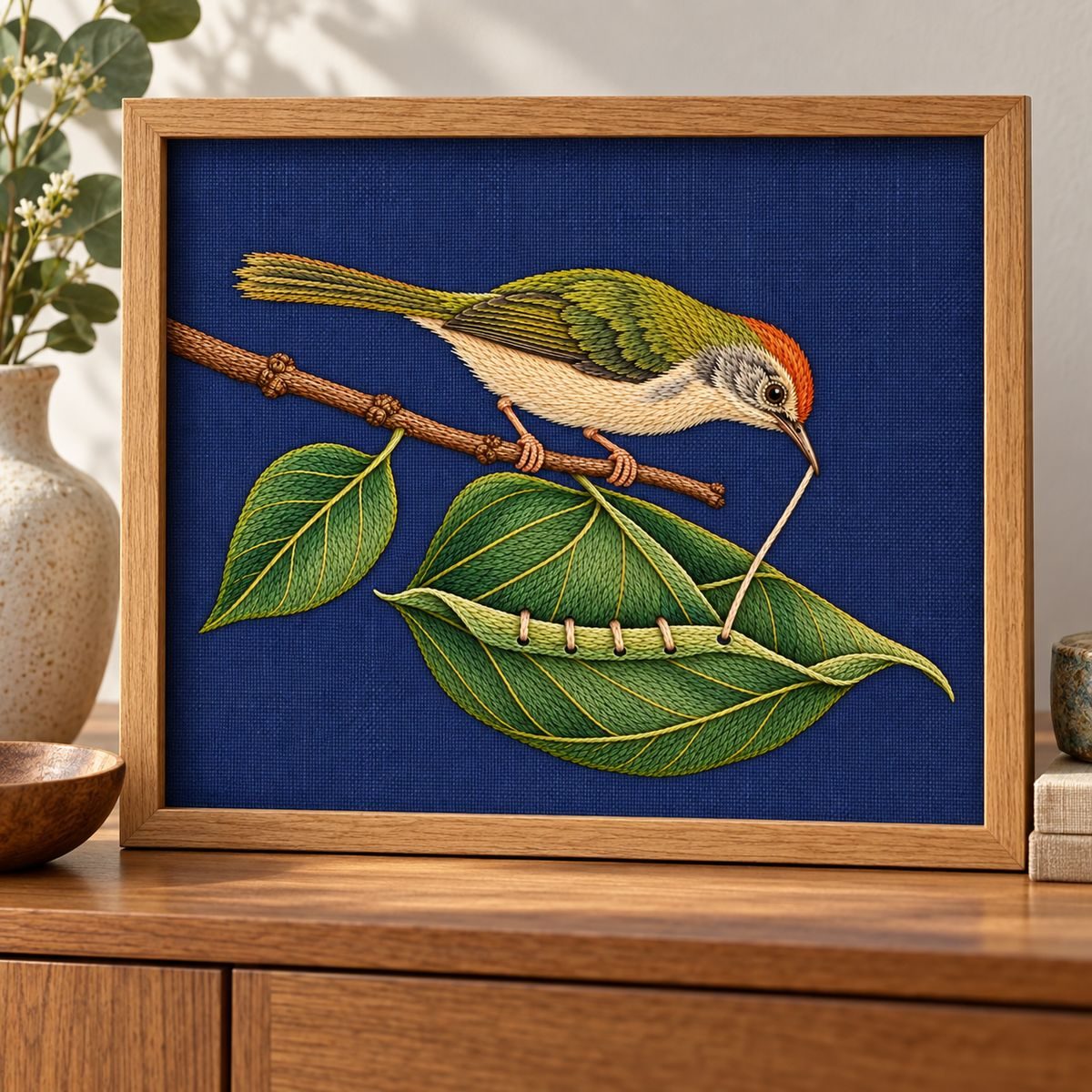 Tailorbird embroidery design shown in a digital mockup of landscape textile panel in a thin pale maple frame on botanical specimen cabinet. Study 22.
