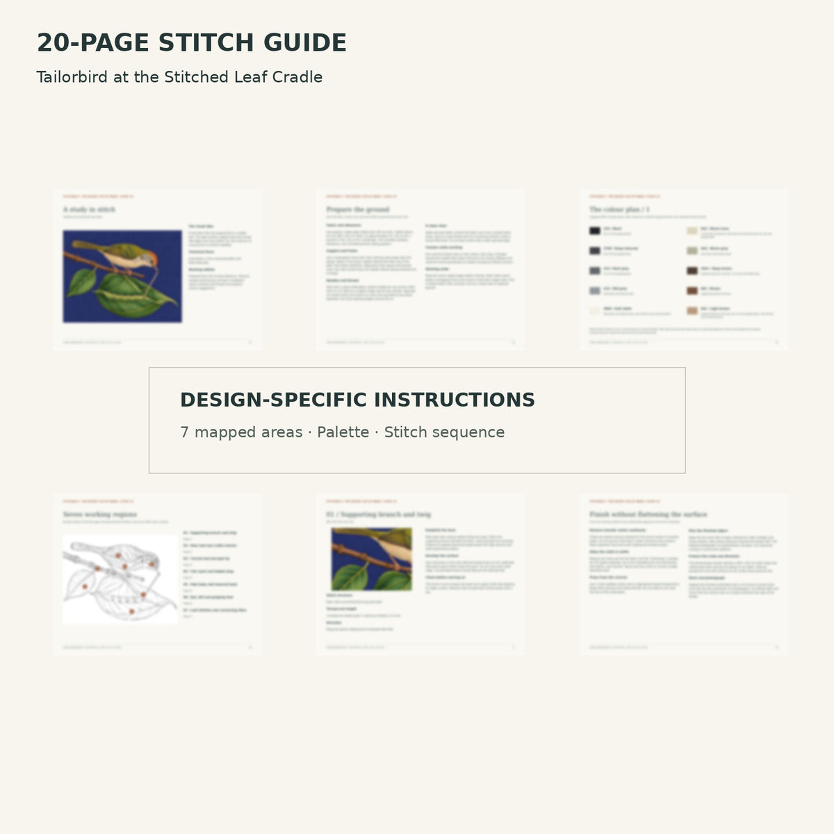 Protected page overview of the 20-page Tailorbird stitch guide, including its numbered map, suggested palette and working sequence.