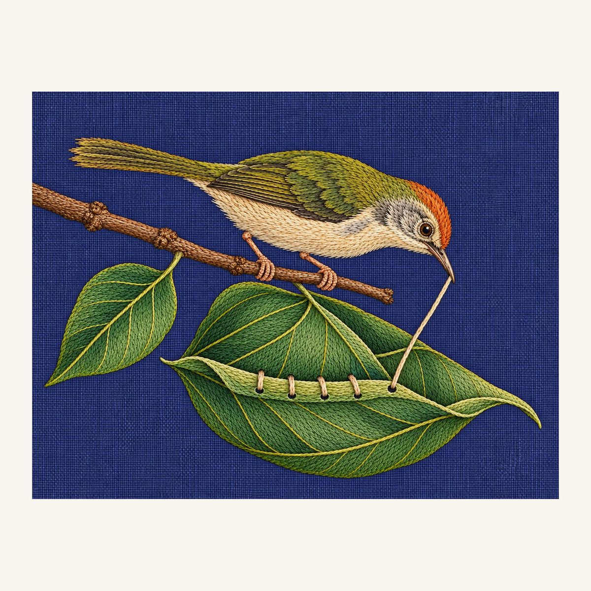Digital embroidery reference showing a tailorbird beside a folded leaf nest on deep indigo linen, landscape composition.