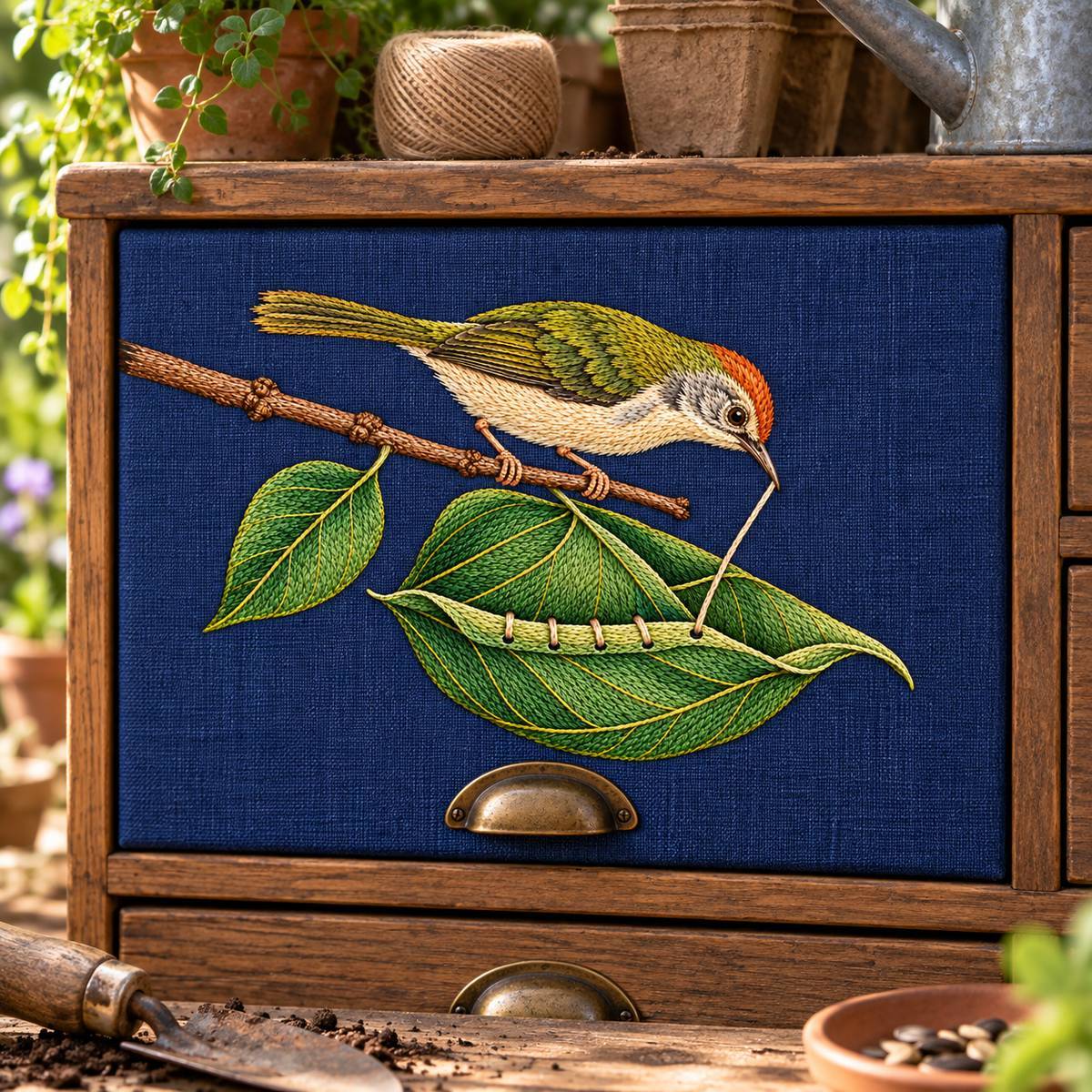 Tailorbird embroidery design in a digital mockup of wide rectangular seed-library drawer front in indigo linen, on a gardener's desk, seed packets beside. Placement inspiration for Study 22.