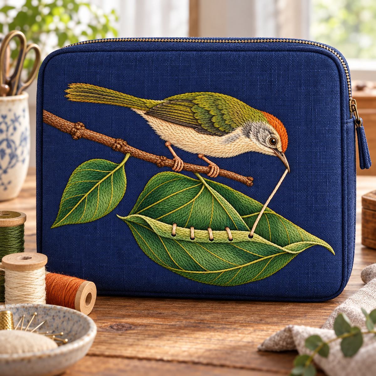 Tailorbird embroidery design in a digital mockup of landscape zip-around sewing notions case standing open only at side, full embroidered front visible, tailor's atelier. Placement inspiration for Study 22.