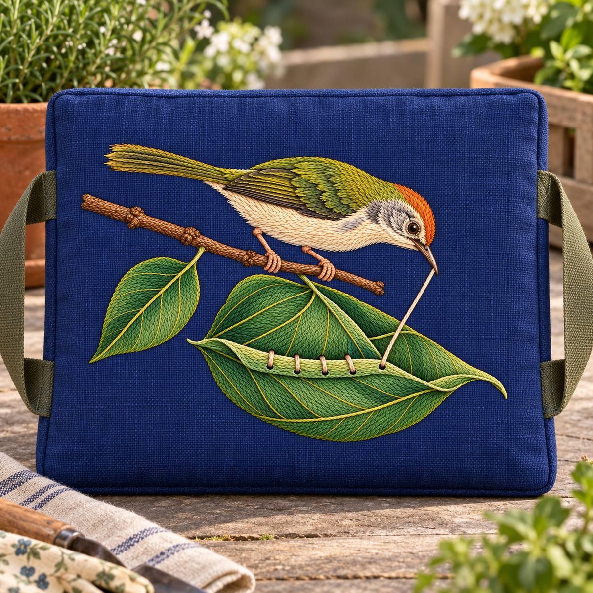 Tailorbird embroidery design in a digital mockup of wide rectangular gardening kneeler propped upright beside small terracotta pots. Placement inspiration for Study 22.