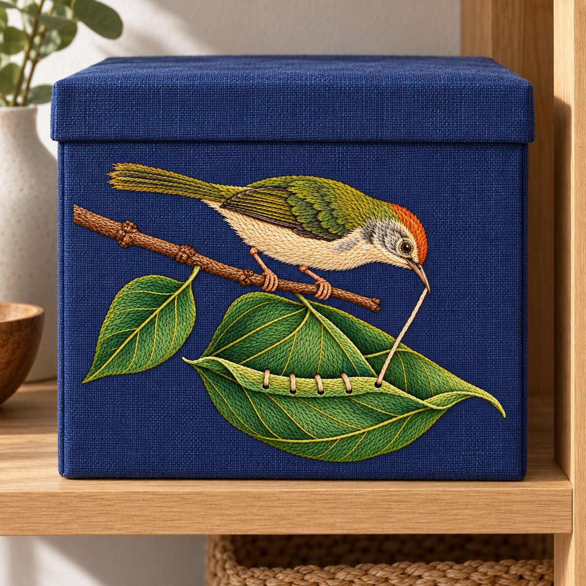 Tailorbird embroidery design in a digital mockup of linen-covered nursery memory box wide front, on pale birch shelf, restrained botanical room. Placement inspiration for Study 22.
