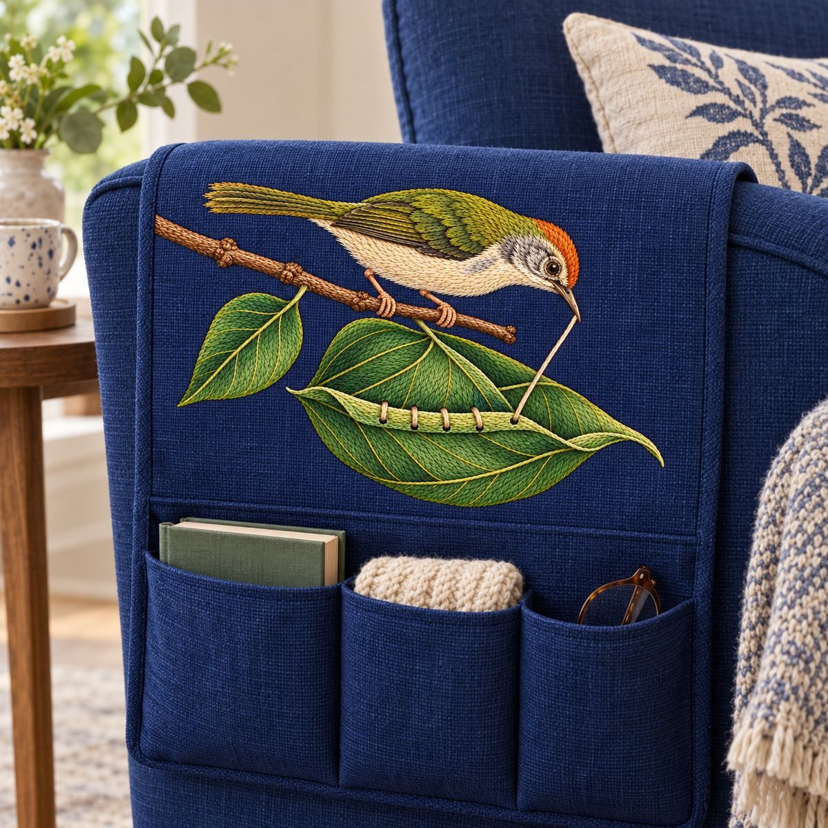 Tailorbird embroidery design in a digital mockup of wide indigo sofa arm caddy with embroidered upper face and pockets well below motif. Placement inspiration for Study 22.