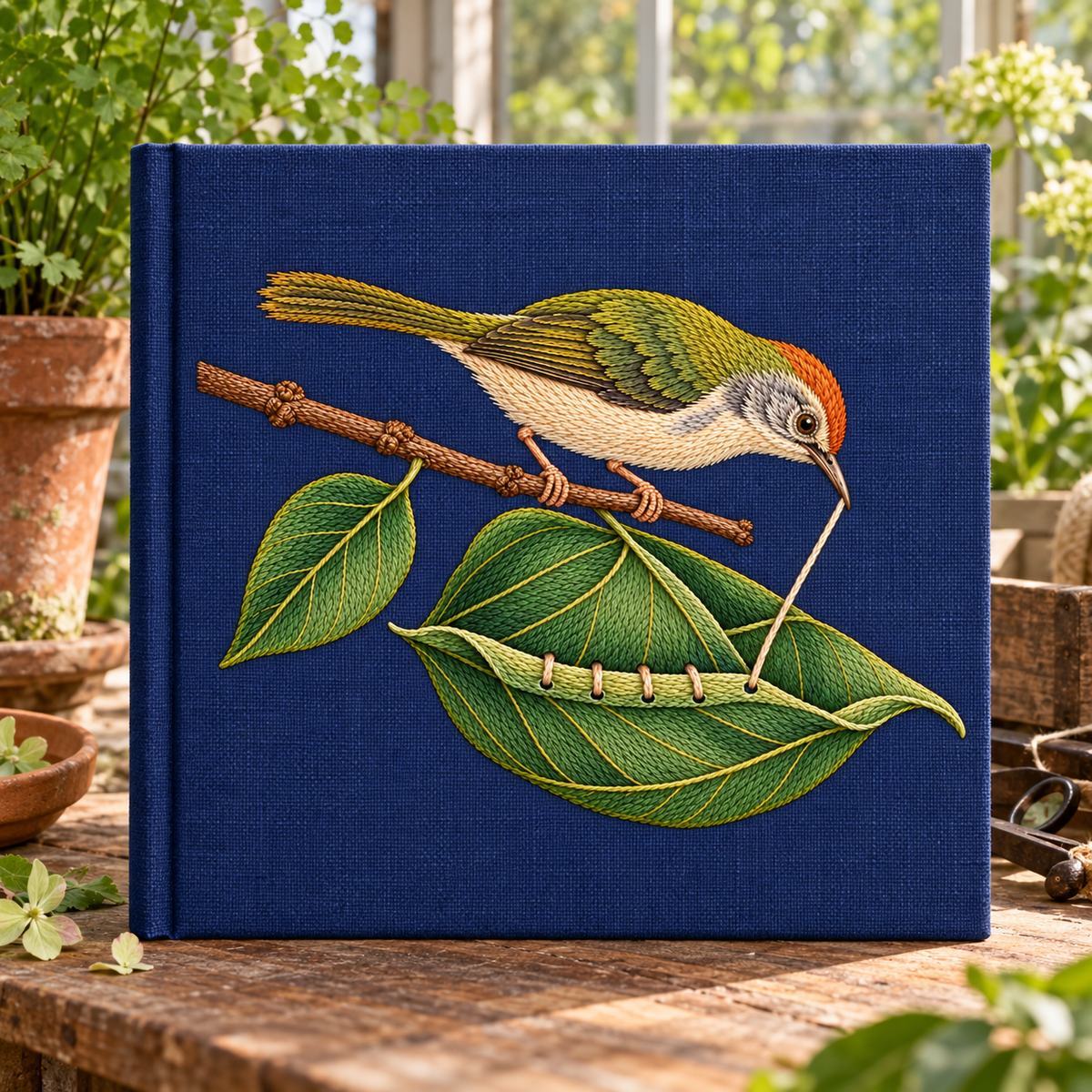 Tailorbird embroidery design in a digital mockup of large landscape plant-observation album upright on a greenhouse shelf. Placement inspiration for Study 22.