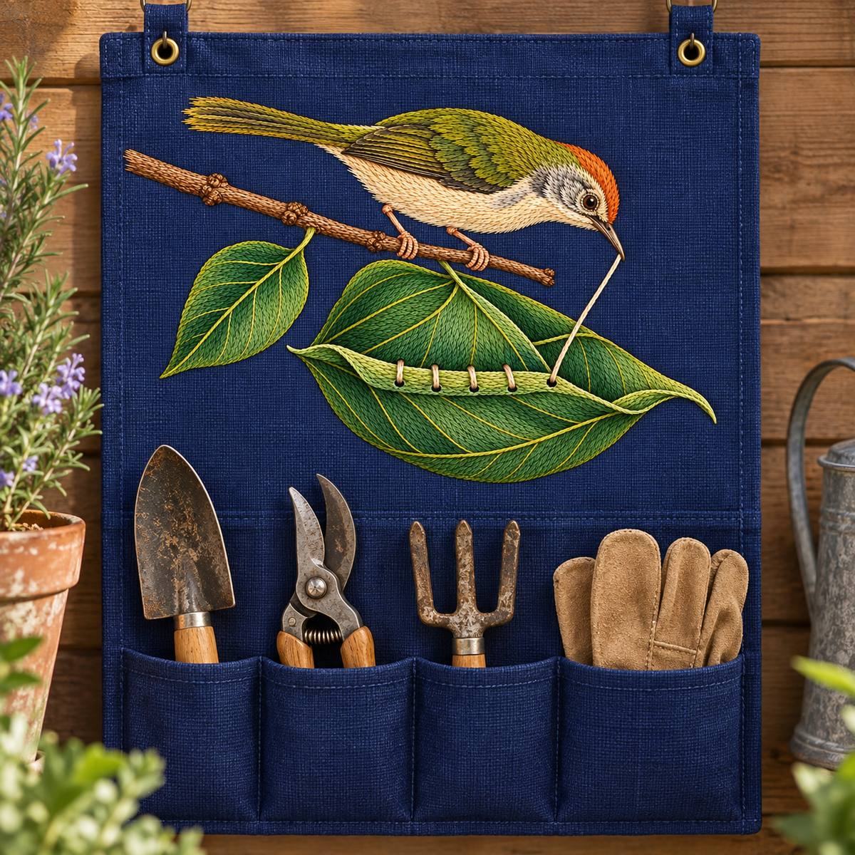 Tailorbird embroidery design in a digital mockup of large gardener's tool roll fully unrolled vertically on wall with landscape central embroidered panel and tools below. Placement inspiration for Study 22.