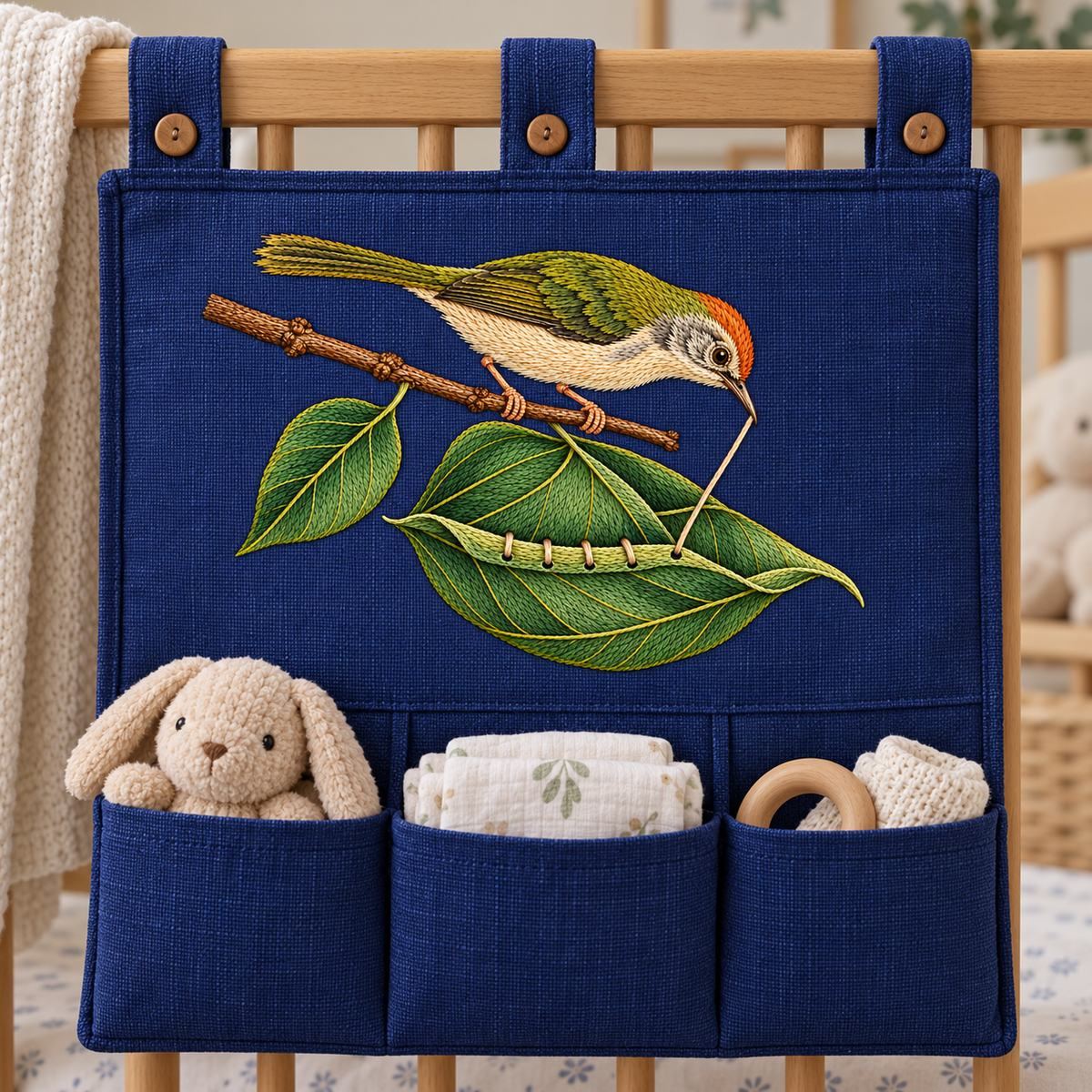 Tailorbird embroidery design in a digital mockup of wide nursery cot storage pocket on freestanding wooden rail, no child, full landscape motif above pocket. Placement inspiration for Study 22.