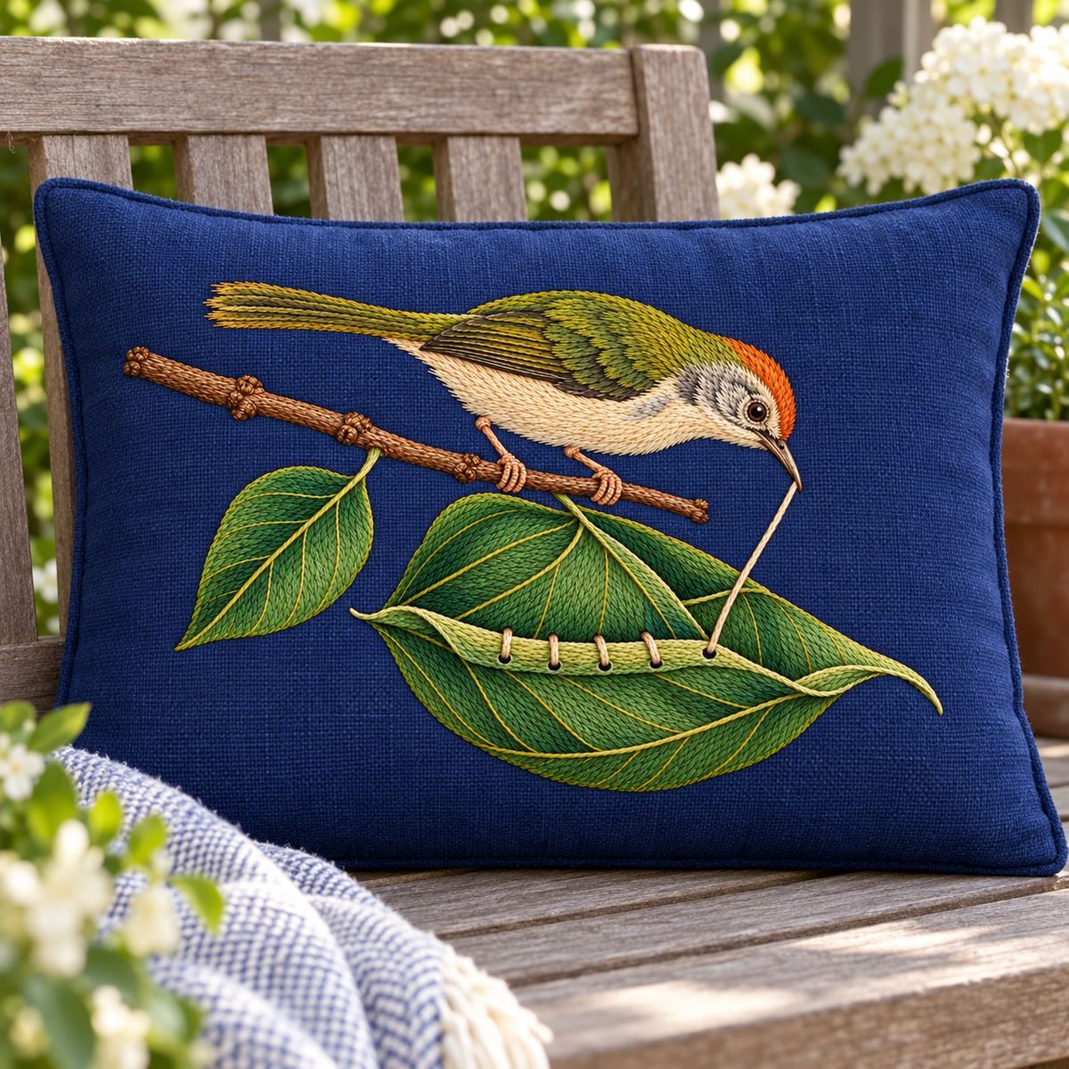 Tailorbird embroidery design in a digital mockup of wide rectangular indigo window-seat backrest panel in sunlit potting room. Placement inspiration for Study 22.