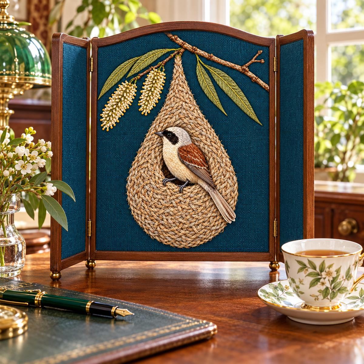 Penduline Tit embroidery design shown in a digital mockup of A slim vertical room divider beside a rainlit conservatory window, pale ash frame. Study 23.