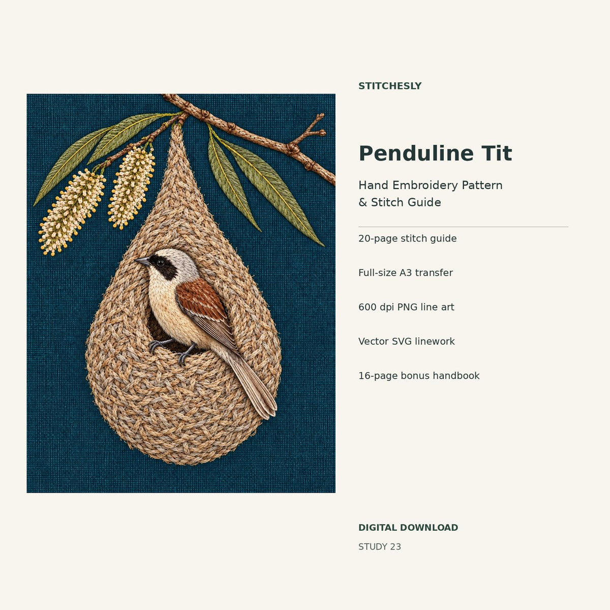 Penduline Tit hand embroidery digital package cover showing the reference artwork and included guide, transfer, PNG, SVG and bonus handbook.