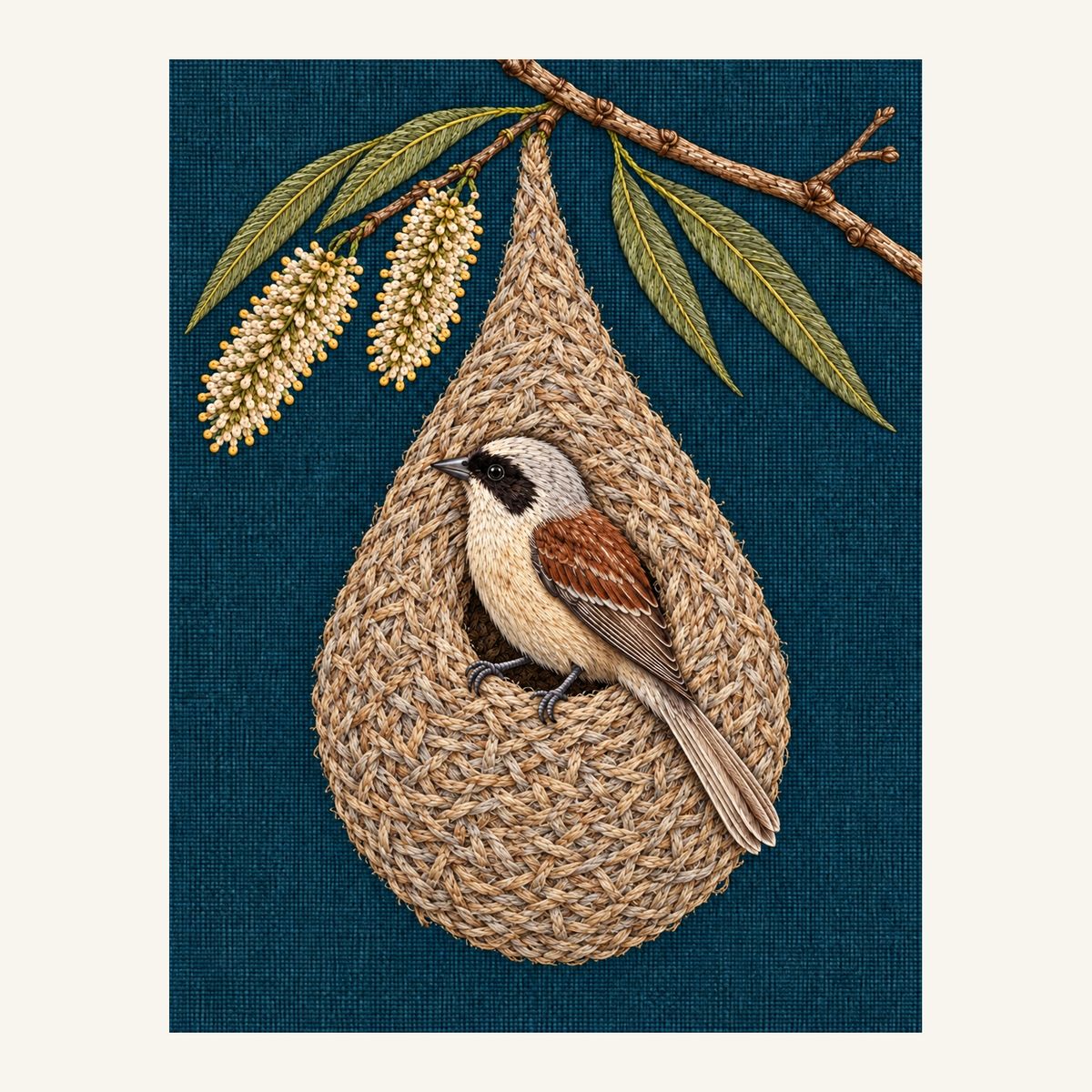 Digital embroidery reference showing a penduline tit beside a willow purse nest on deep dusty petrol linen, portrait composition.