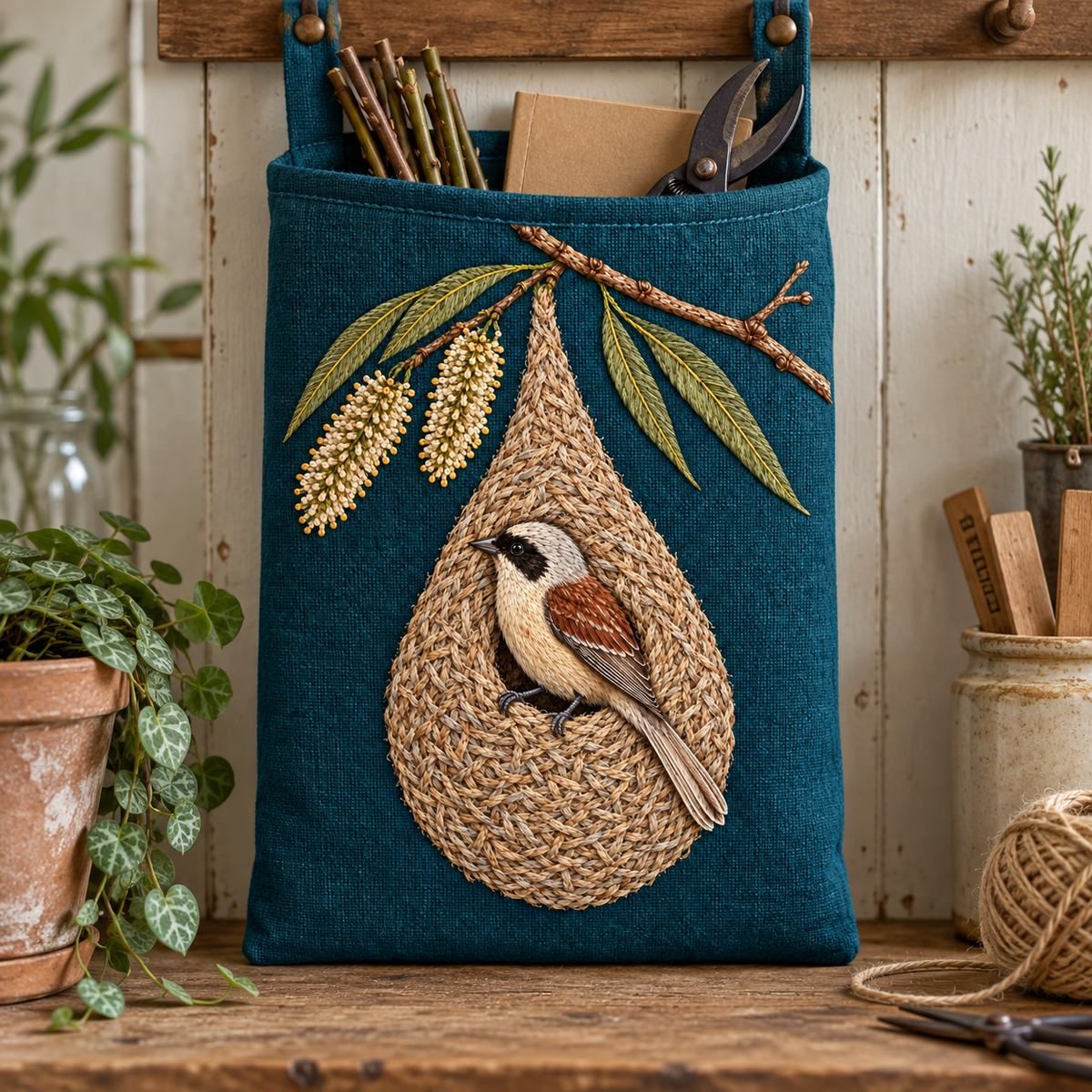 Penduline Tit embroidery design in a digital mockup of A tall petrol linen wall pocket for willow-cutting notes in a quiet gardener's studio, pocket mouth above all embroidery. Placement inspiration for Study 23.