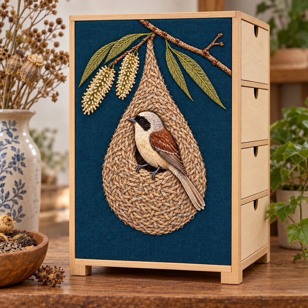 Penduline Tit embroidery design in a digital mockup of A portrait textile insert on a birch seed-library drawer tower, plain drawer fronts on the side. Placement inspiration for Study 23.
