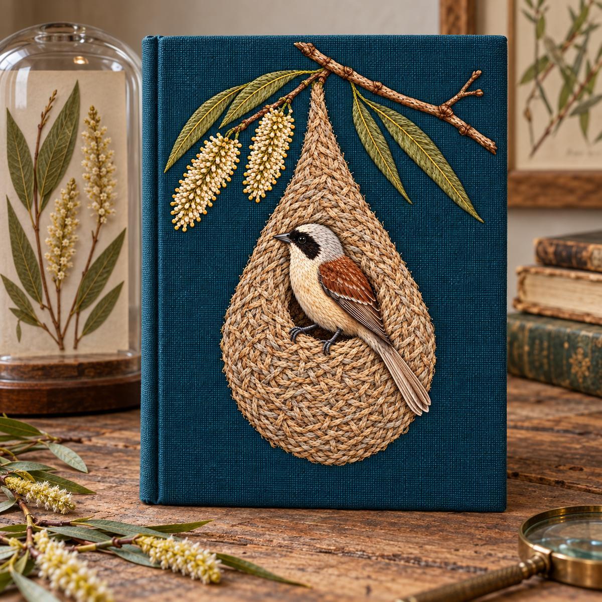Penduline Tit embroidery design in a digital mockup of A tall field-journal cover standing closed beside pressed willow specimens under separate glass. Placement inspiration for Study 23.