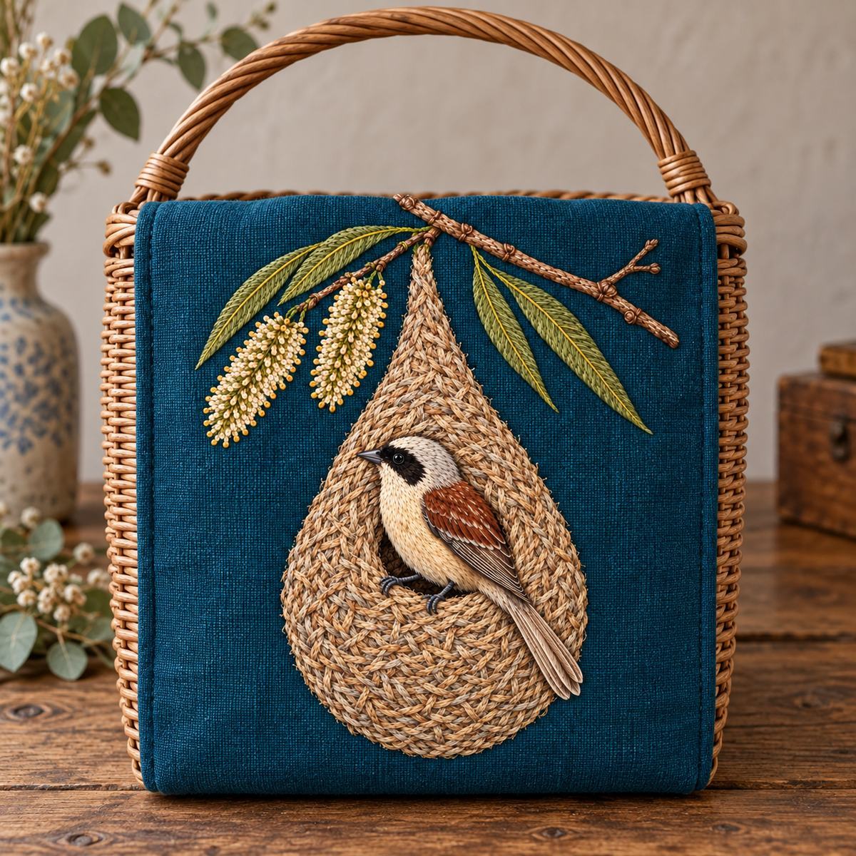 Penduline Tit embroidery design in a digital mockup of A petrol linen panel on a narrow wicker gathering basket, flat portrait front and handle outside design. Placement inspiration for Study 23.