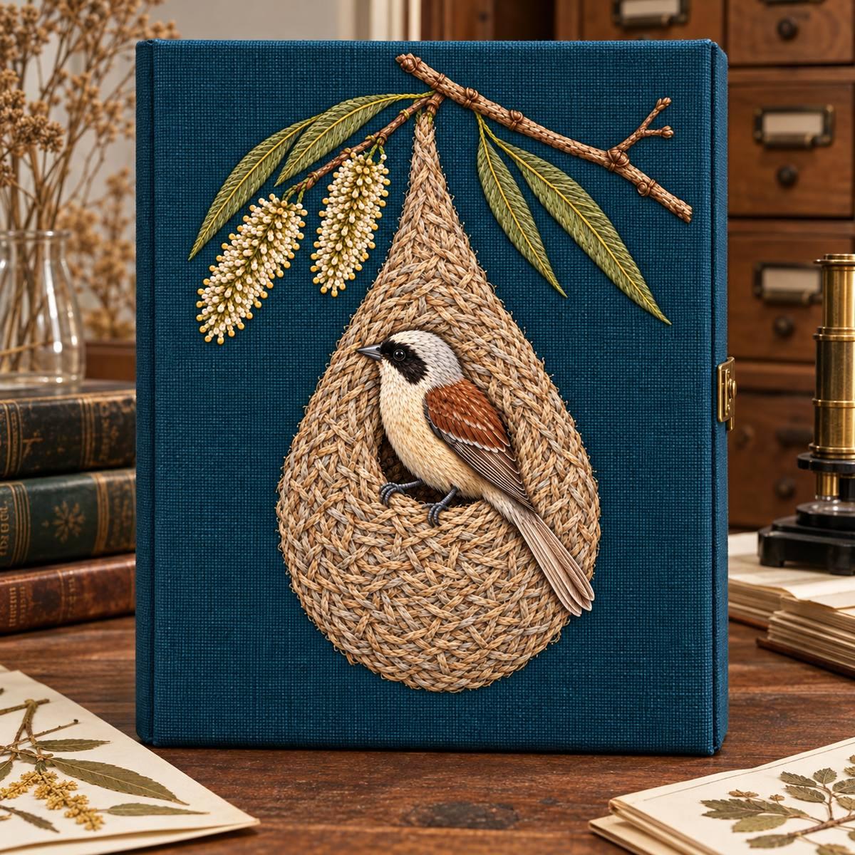 Penduline Tit embroidery design in a digital mockup of A portrait embroidered cover on a closed herbarium specimen box in a botanical archive. Placement inspiration for Study 23.