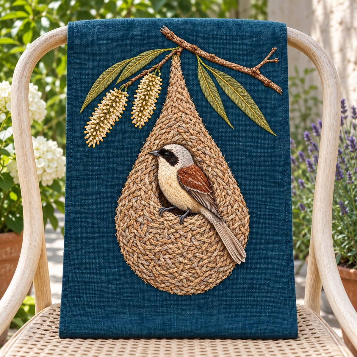 Penduline Tit embroidery design in a digital mockup of A tall rectangular chair-back textile inset on a pale bentwood garden chair. Placement inspiration for Study 23.