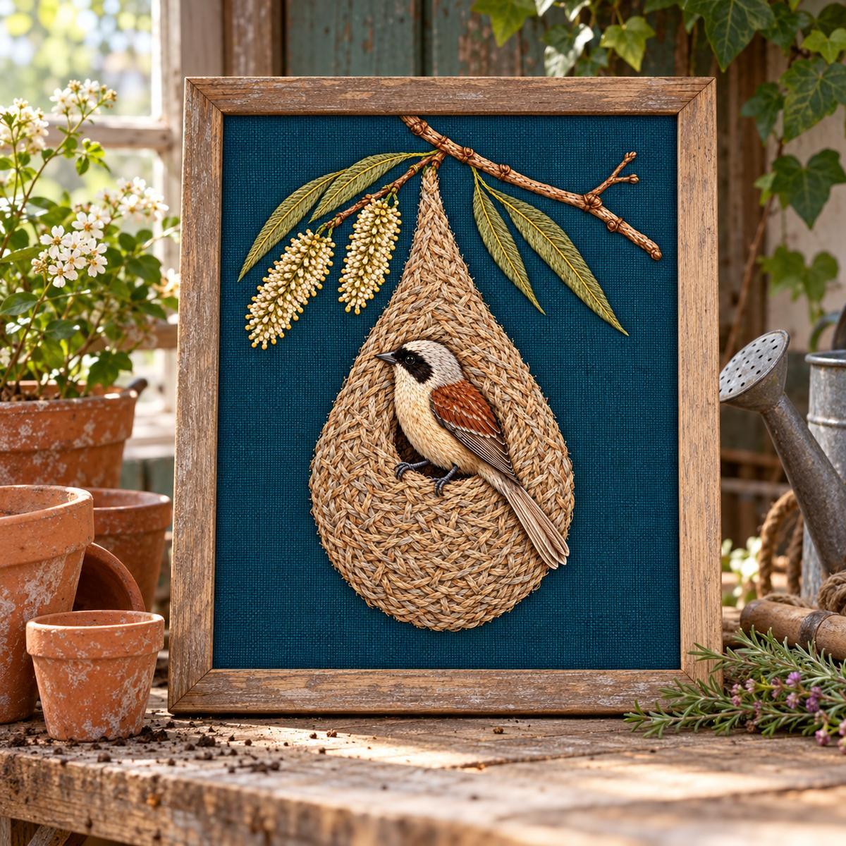 Penduline Tit embroidery design in a digital mockup of A framed portrait textile leaning on a cottage potting bench with empty ceramic pots to the side. Placement inspiration for Study 23.