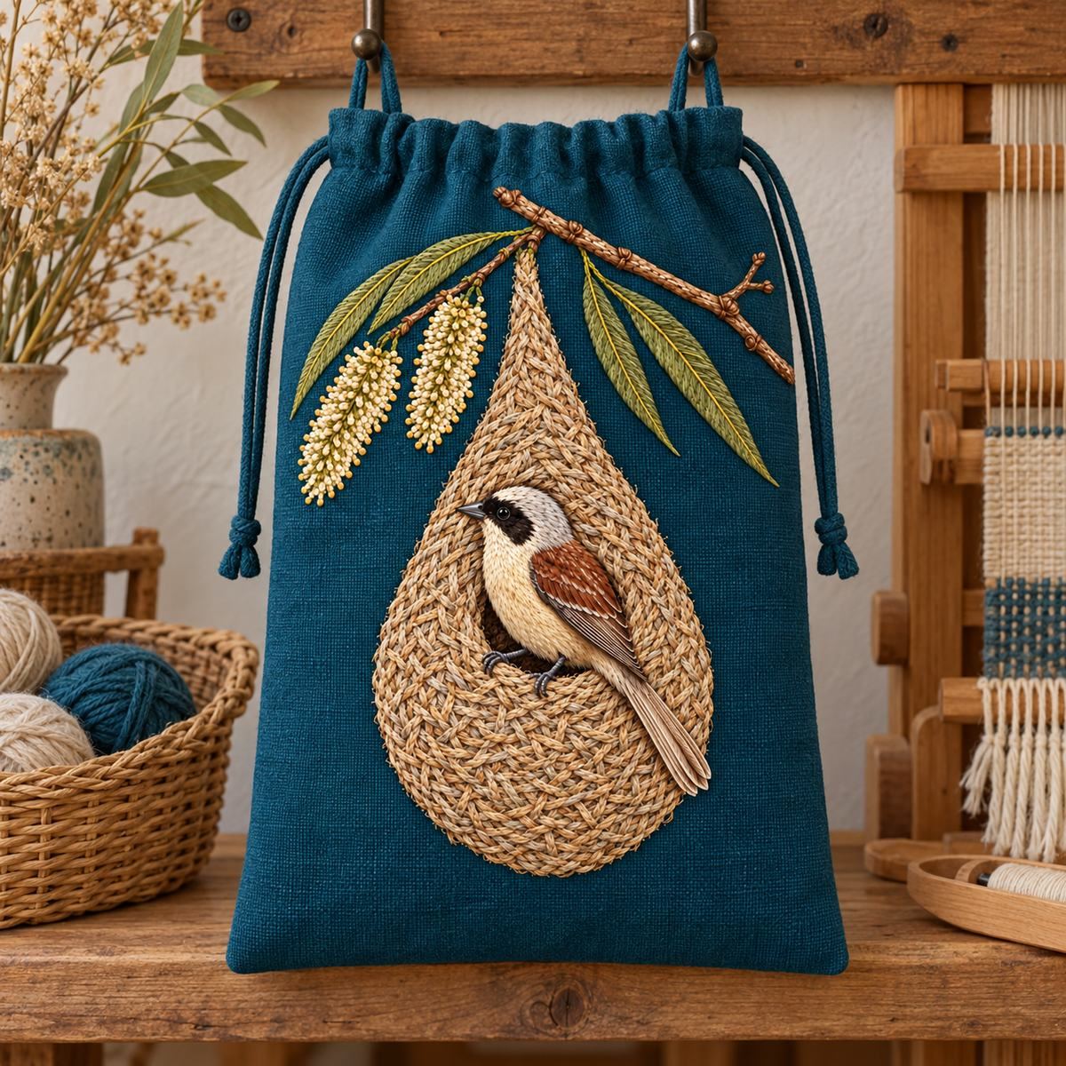 Penduline Tit embroidery design in a digital mockup of A tall soft linen project pouch hanging flat from two hooks in a weaving atelier. Placement inspiration for Study 23.