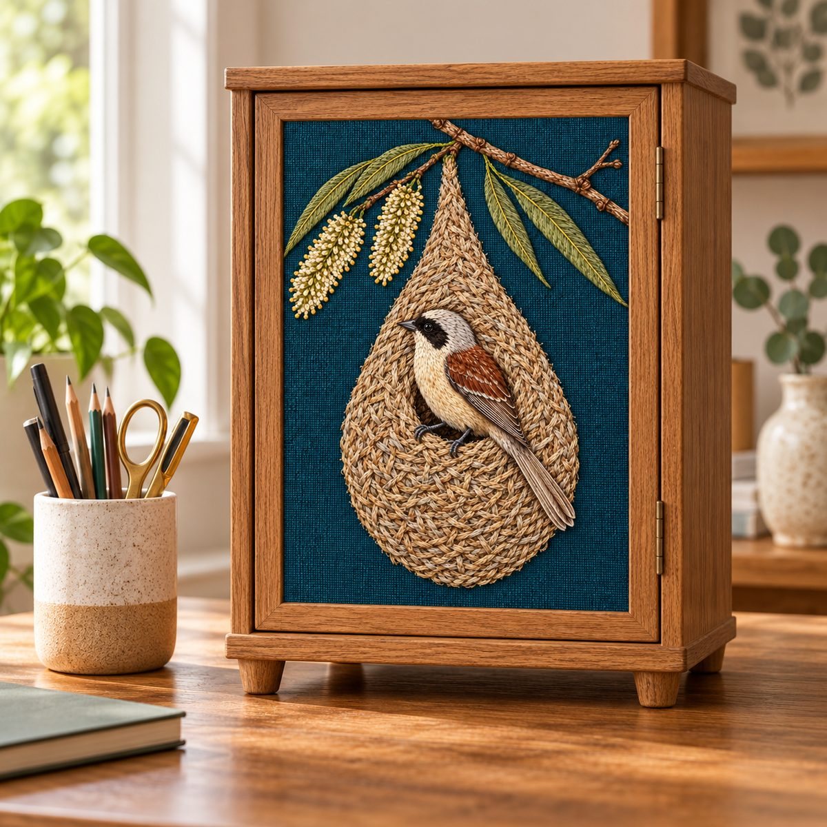 Penduline Tit embroidery design in a digital mockup of A portrait linen inset on a sliding cupboard panel in a calm riverside entrance hall. Placement inspiration for Study 23.