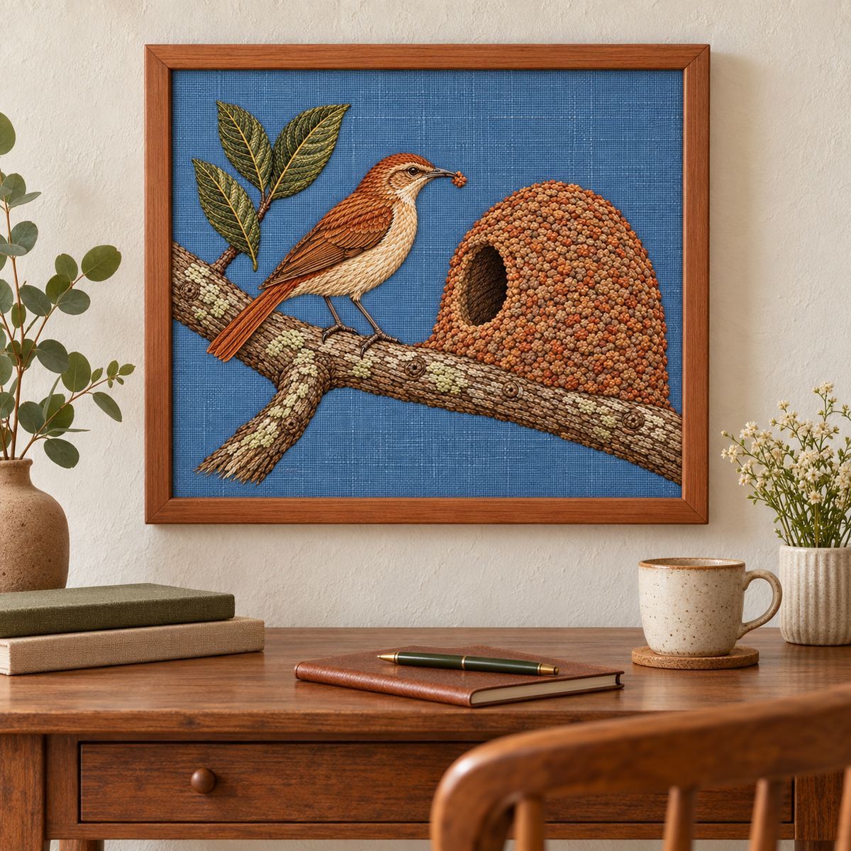 Ovenbird Hornero embroidery design shown in a digital mockup of A landscape textile framed in warm clay-coloured wood above a small writing table. Study 24.
