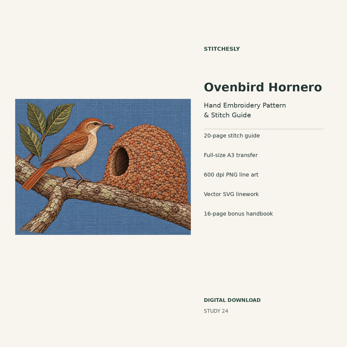 Ovenbird Hornero hand embroidery digital package cover showing the reference artwork and included guide, transfer, PNG, SVG and bonus handbook.