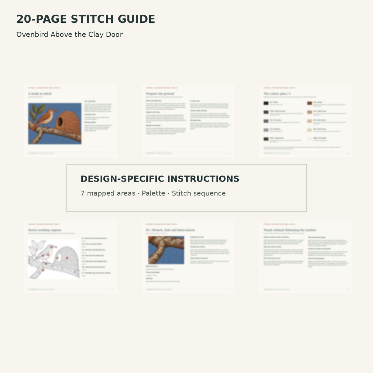 Protected page overview of the 20-page Ovenbird Hornero stitch guide, including its numbered map, suggested palette and working sequence.