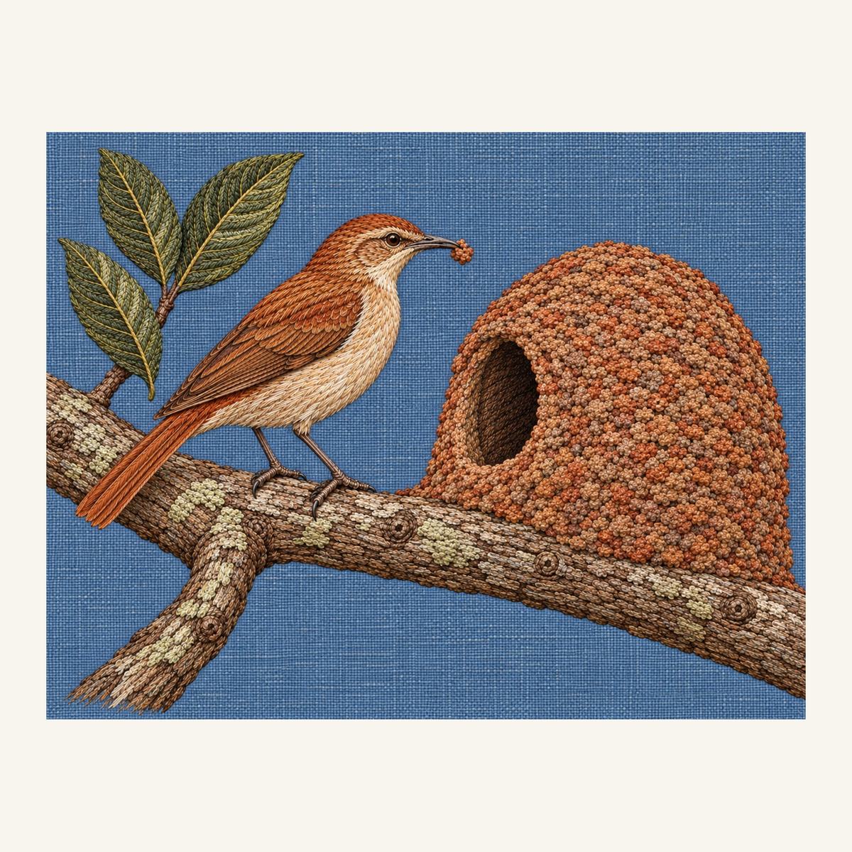 Digital embroidery reference showing a hornero beside its domed clay nest on smoky mineral-blue linen, landscape composition.