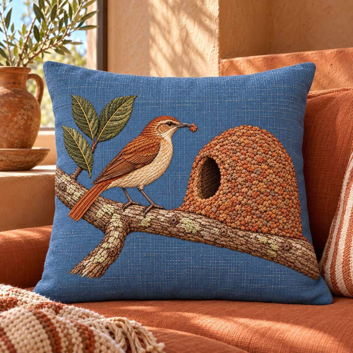 Ovenbird Hornero embroidery design in a digital mockup of A landscape mineral-blue linen cushion on a terracotta-coloured banquette in a sunlit adobe house. Placement inspiration for Study 24.