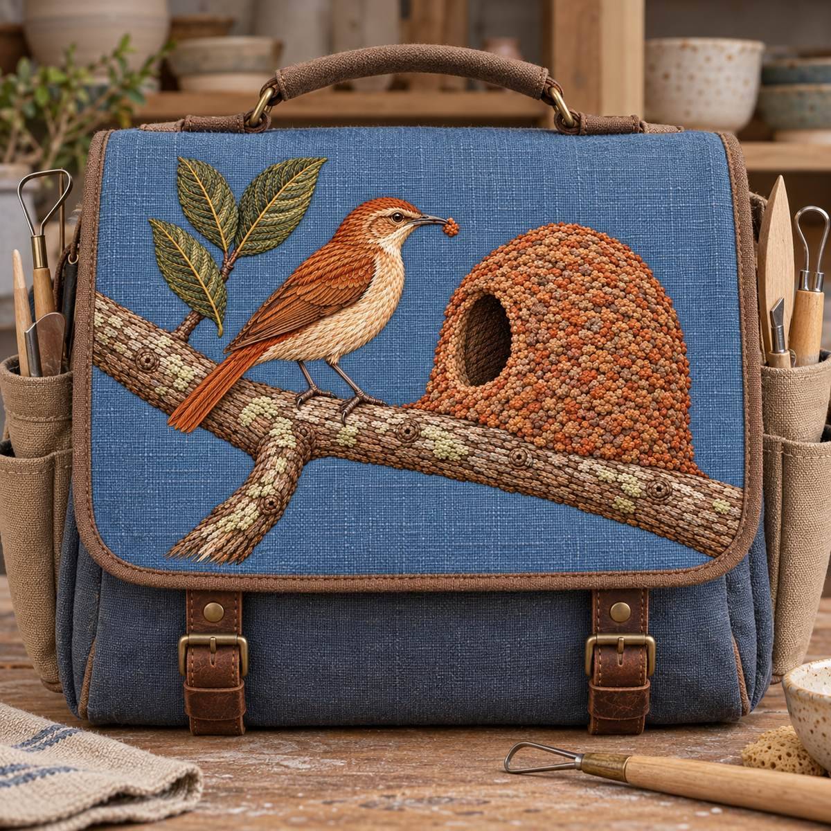 Ovenbird Hornero embroidery design in a digital mockup of A broad embroidered linen flap on a ceramicist's structured tool bag, tools stored separately. Placement inspiration for Study 24.