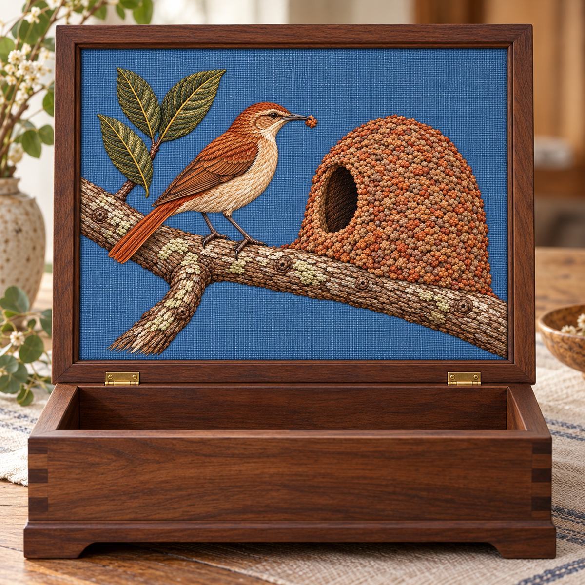 Ovenbird Hornero embroidery design in a digital mockup of A landscape textile inset in a low walnut keepsake chest lid shown upright. Placement inspiration for Study 24.