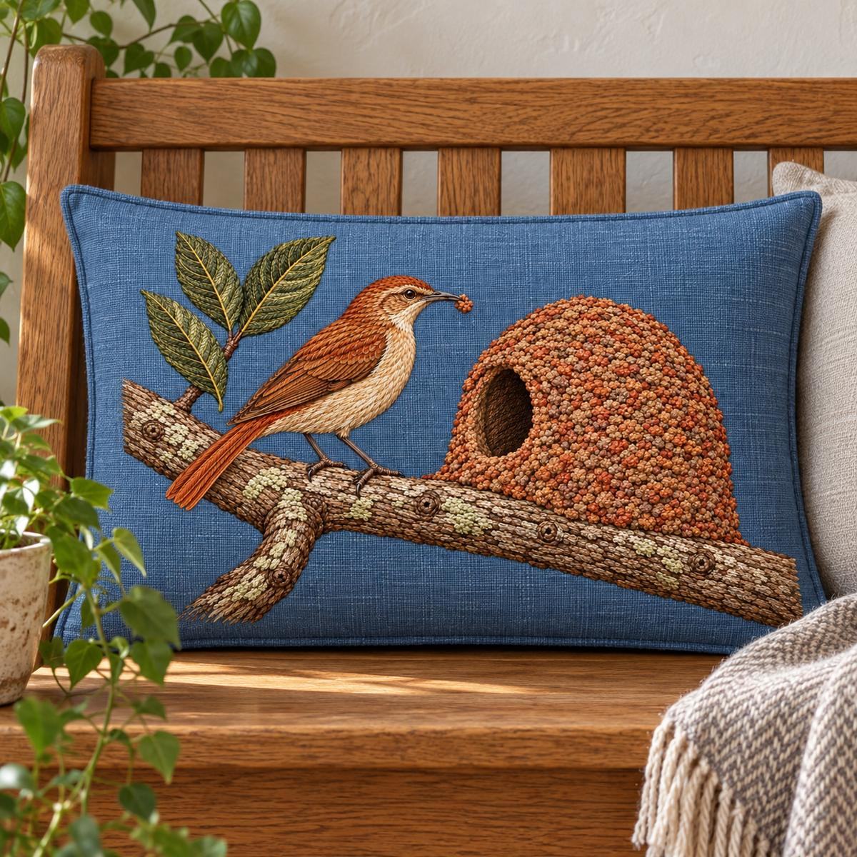 Ovenbird Hornero embroidery design in a digital mockup of A horizontal mineral-blue embroidered panel across an oak entry bench back. Placement inspiration for Study 24.