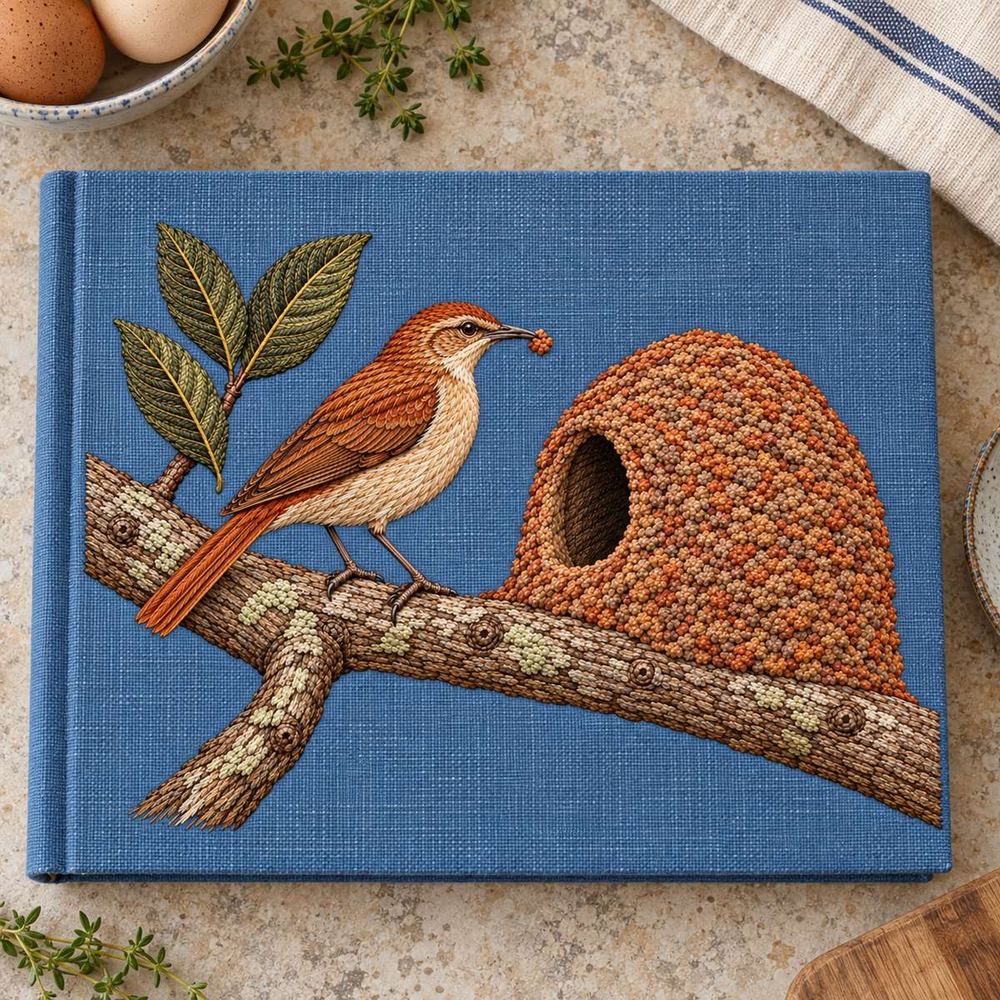 Ovenbird Hornero embroidery design in a digital mockup of A broad cloth-covered recipe folio lying flat on a stone kitchen table, top-down. Placement inspiration for Study 24.