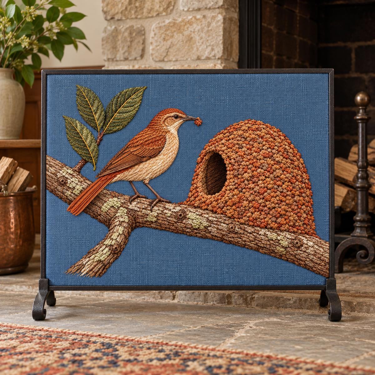 Ovenbird Hornero embroidery design in a digital mockup of A landscape linen fire-screen panel on black iron feet beside an unlit hearth. Placement inspiration for Study 24.