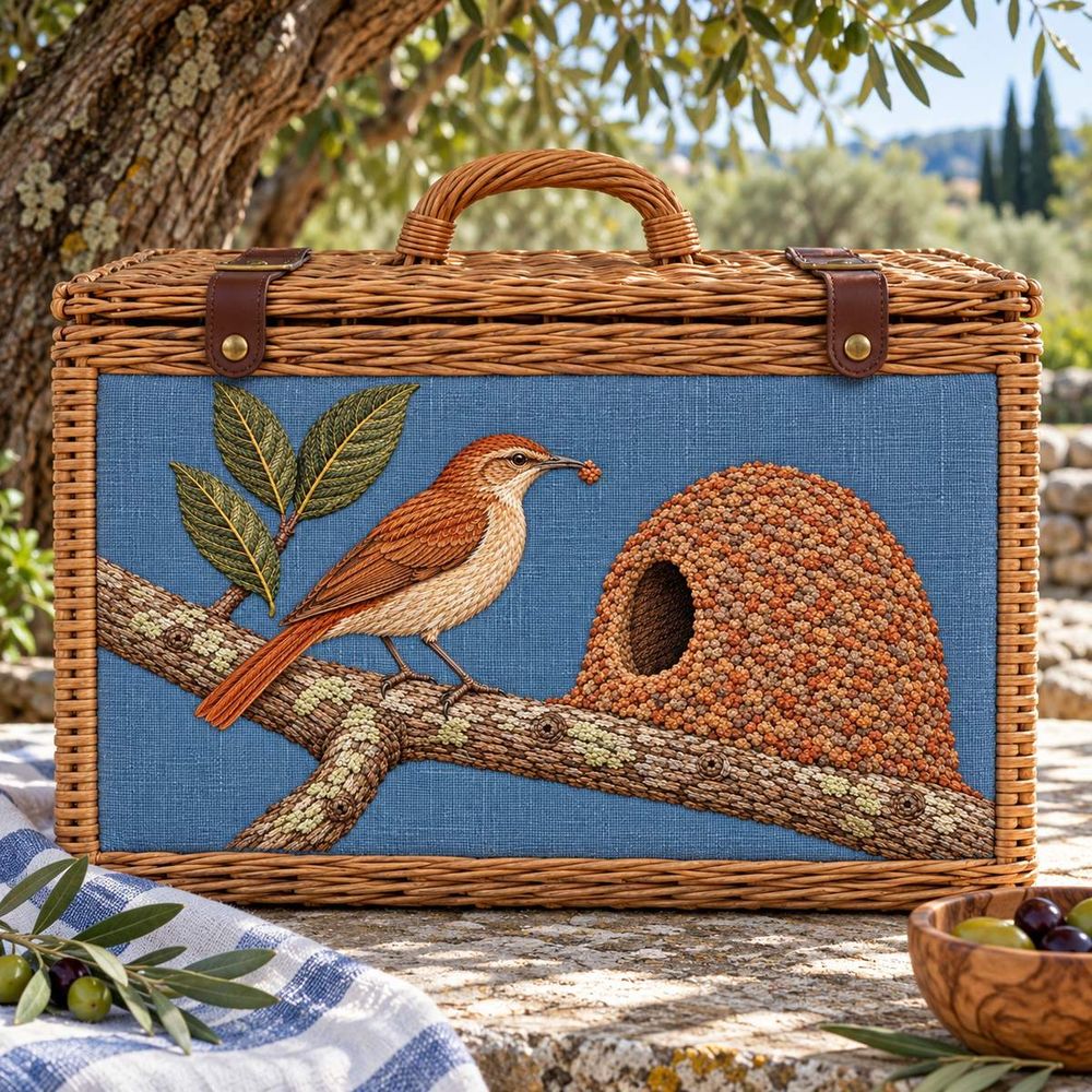 Ovenbird Hornero embroidery design in a digital mockup of A wide embroidered panel on the front of a rigid picnic hamper under a shaded olive tree. Placement inspiration for Study 24.