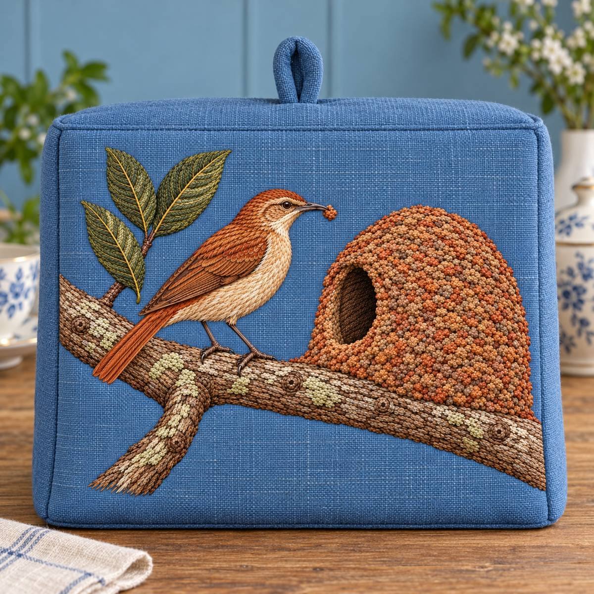 Ovenbird Hornero embroidery design in a digital mockup of A broad flat mineral-blue tea-cosy front on a rectangular insulated tea box, no curved distortion. Placement inspiration for Study 24.