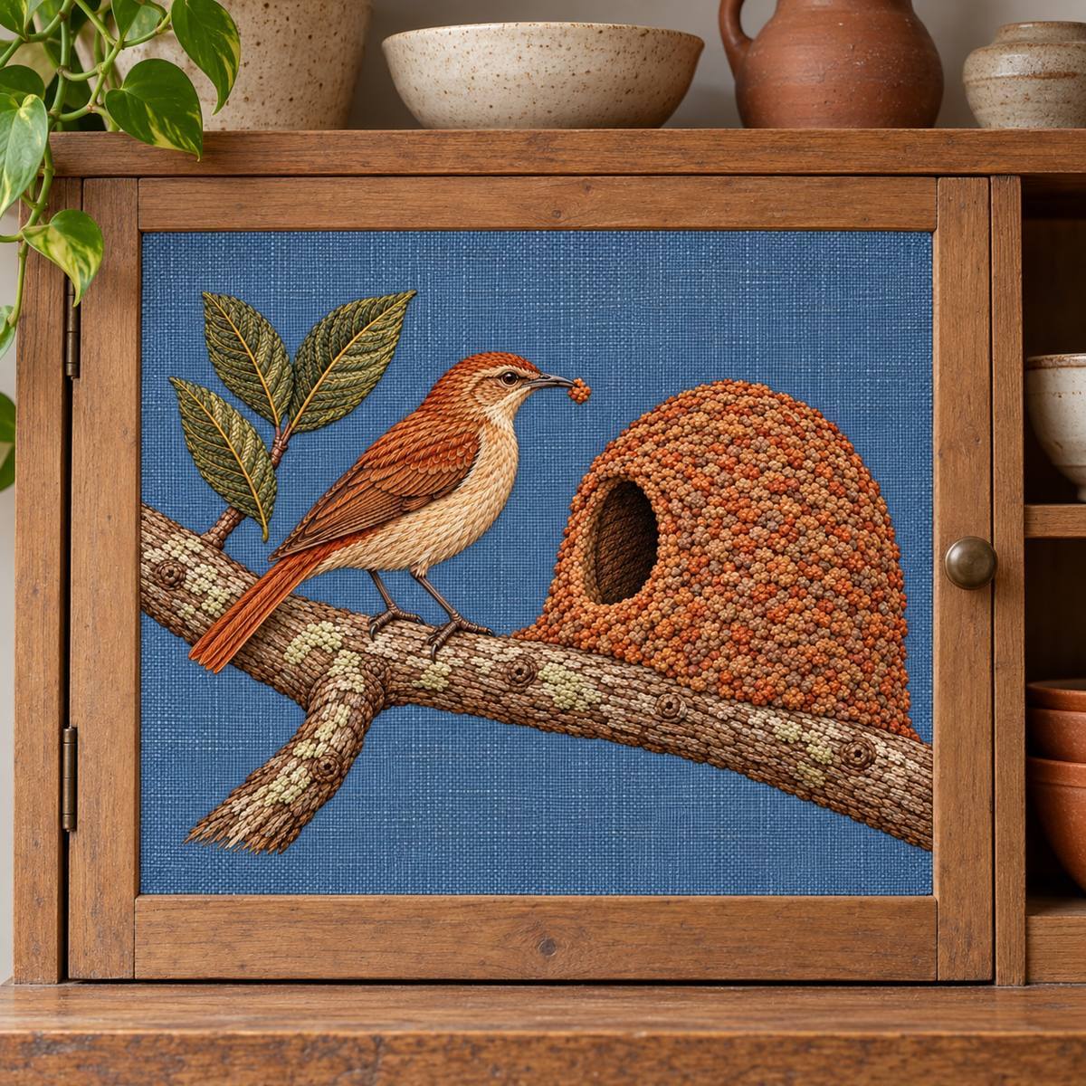 Ovenbird Hornero embroidery design in a digital mockup of A removable landscape linen facing on a pottery-shelf cabinet door, matte earthenware to the side. Placement inspiration for Study 24.