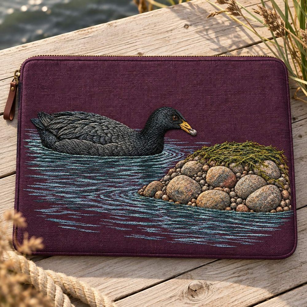 Coot embroidery design shown in a digital mockup of A landscape aubergine linen zip folio for wetland maps on a pale dock table, overhead. Study 25.