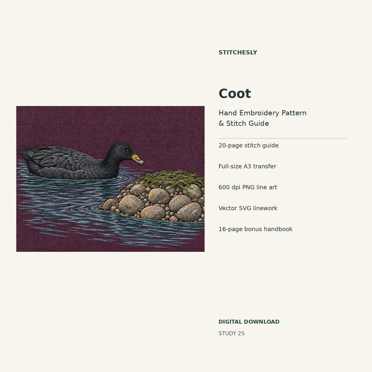 Coot hand embroidery digital package cover showing the reference artwork and included guide, transfer, PNG, SVG and bonus handbook.