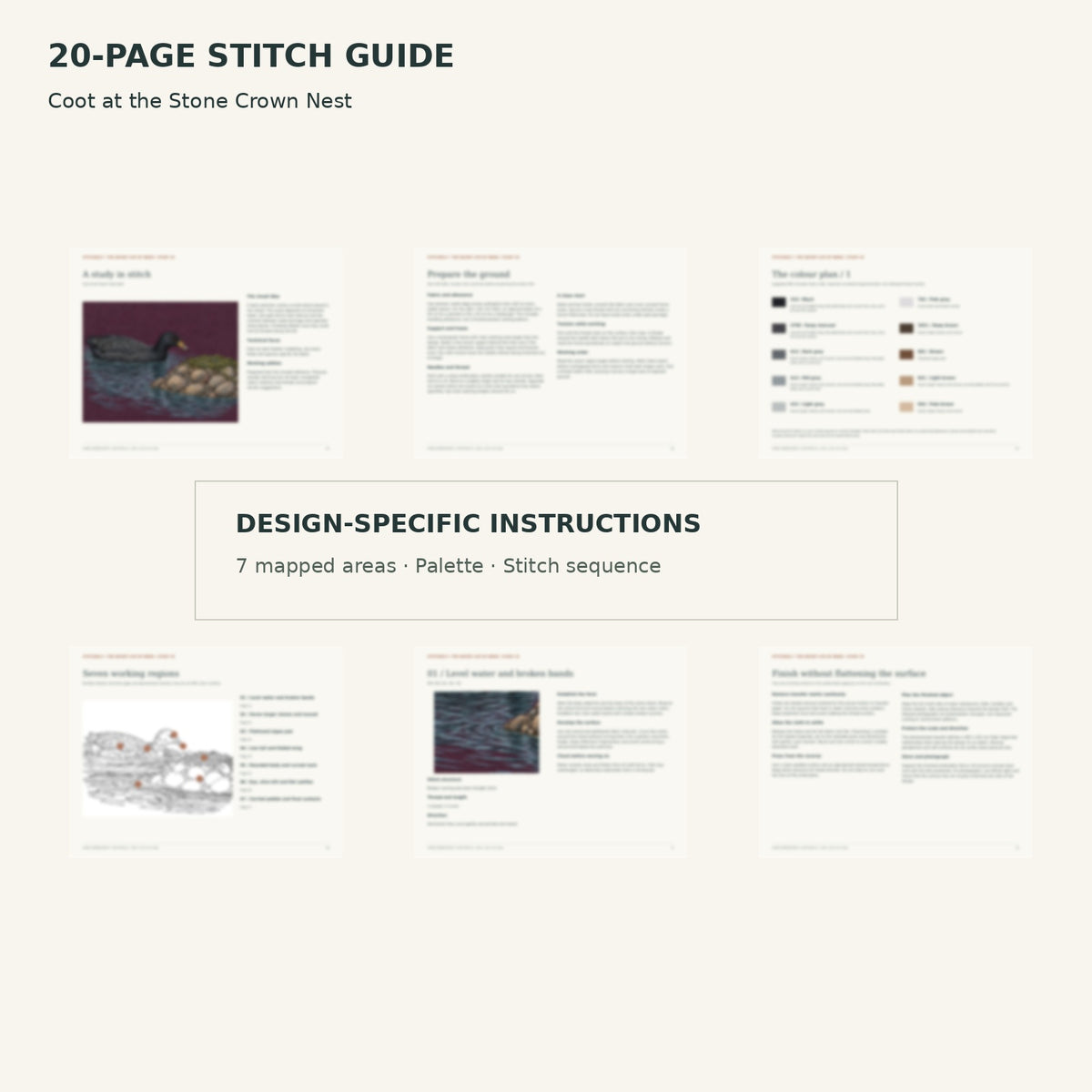 Protected page overview of the 20-page Coot stitch guide, including its numbered map, suggested palette and working sequence.