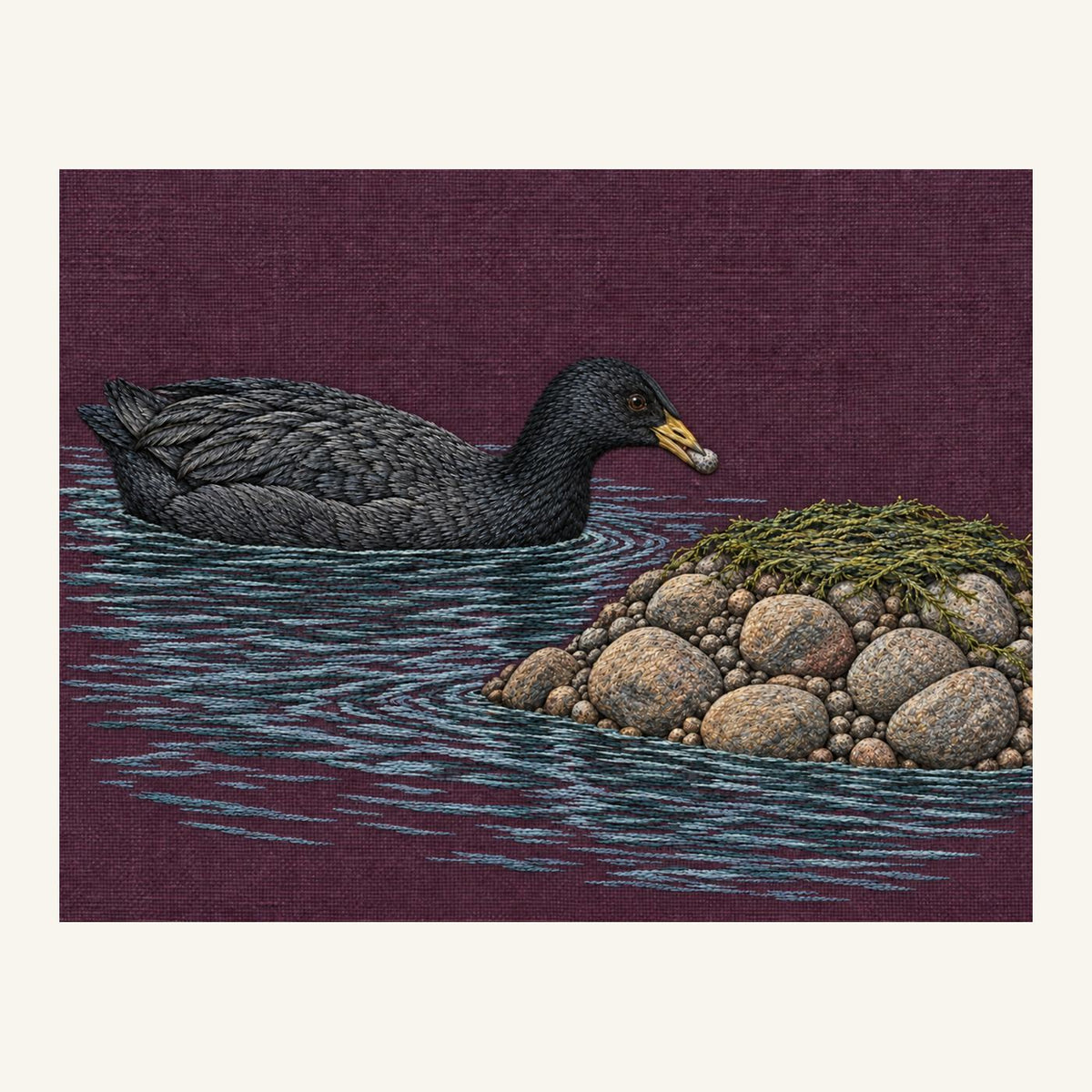 Digital embroidery reference showing a coot carrying a pebble to its nest on deep smoky aubergine linen, landscape composition.