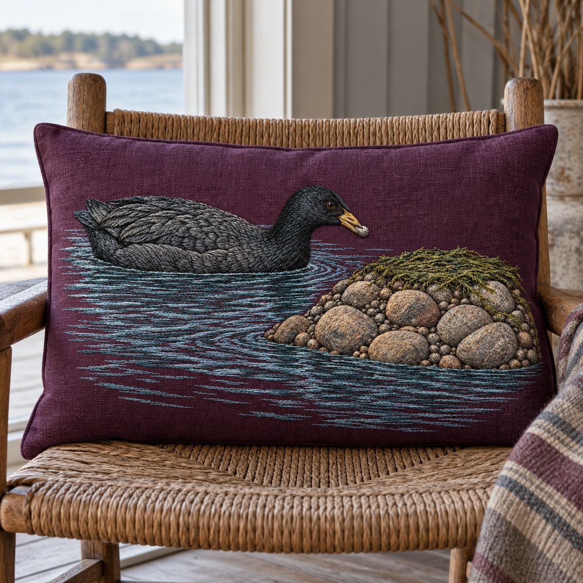 Coot embroidery design in a digital mockup of A wide aubergine embroidered seat-back cushion on a reed-woven boathouse chair. Placement inspiration for Study 25.