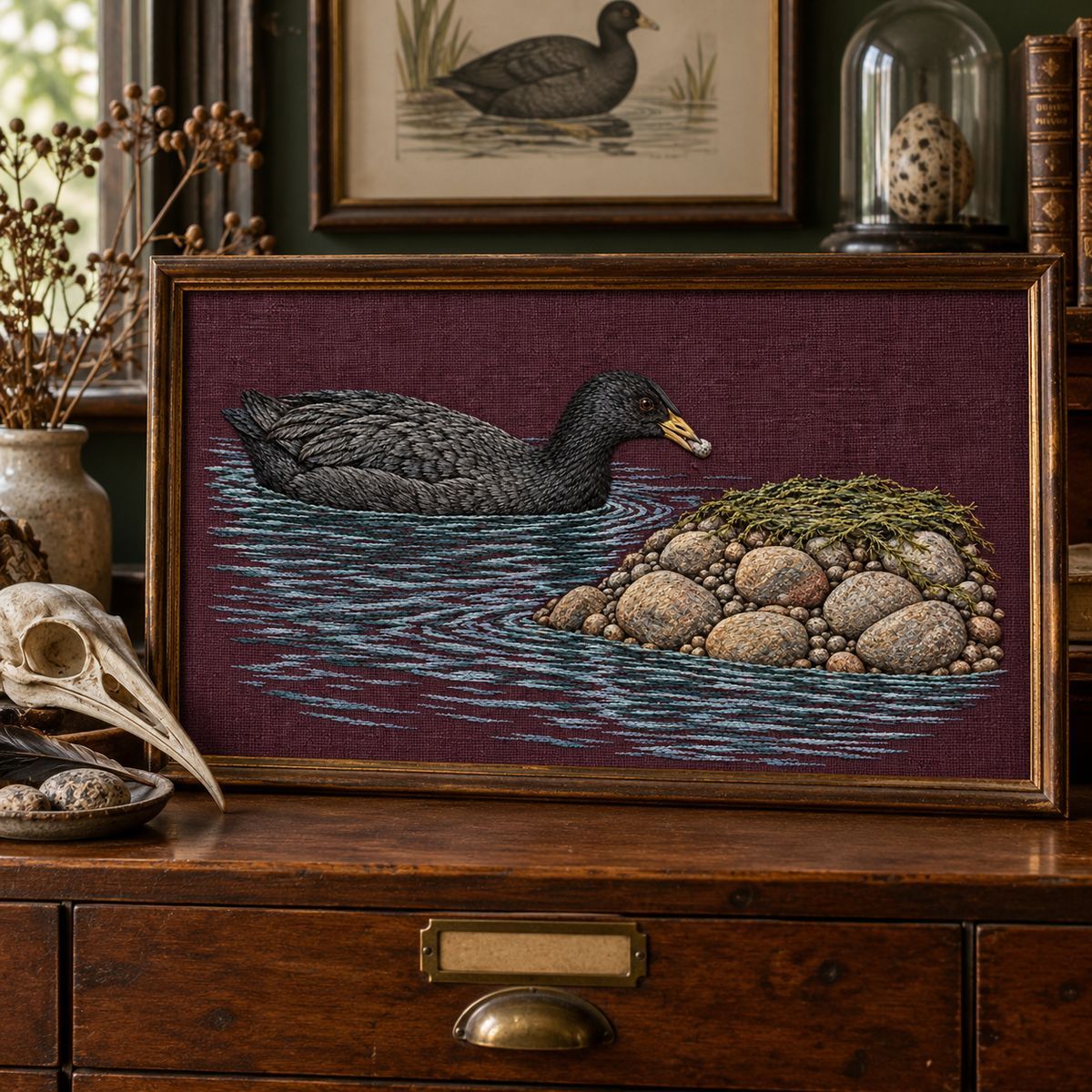 Coot embroidery design in a digital mockup of A horizontal textile inset on a closed shallow specimen drawer in a natural-history room. Placement inspiration for Study 25.