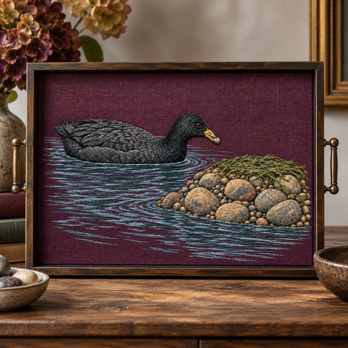 Coot embroidery design in a digital mockup of A landscape embroidery mounted behind low-reflection glass in a rectangular decorative tray standing upright. Placement inspiration for Study 25.