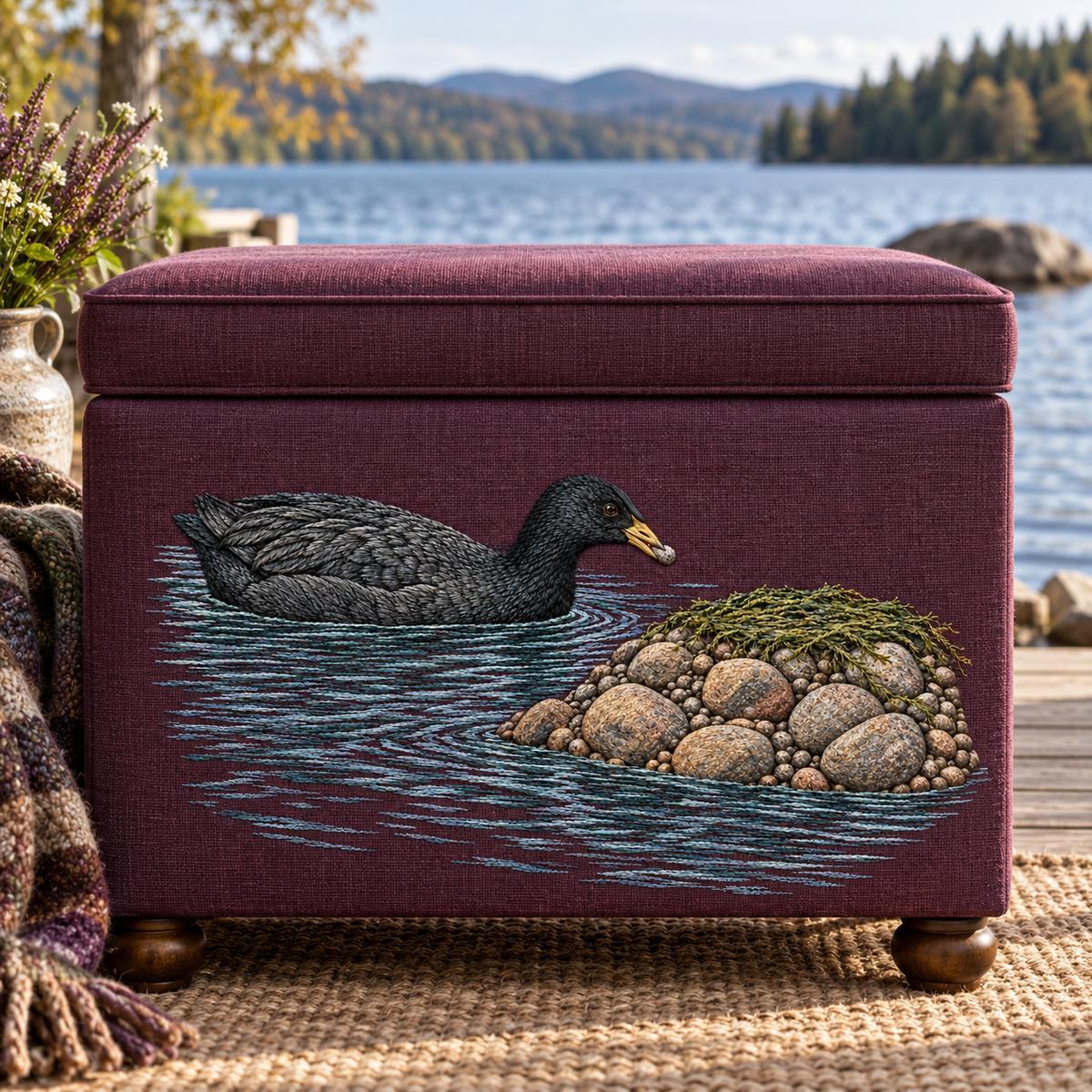 Coot embroidery design in a digital mockup of A broad aubergine linen front panel on a lakeside storage ottoman, camera front-on. Placement inspiration for Study 25.