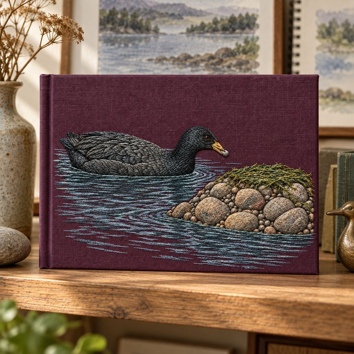 Coot embroidery design in a digital mockup of A landscape cloth-bound watercolour album standing on a shelf with lake sketches blurred behind. Placement inspiration for Study 25.