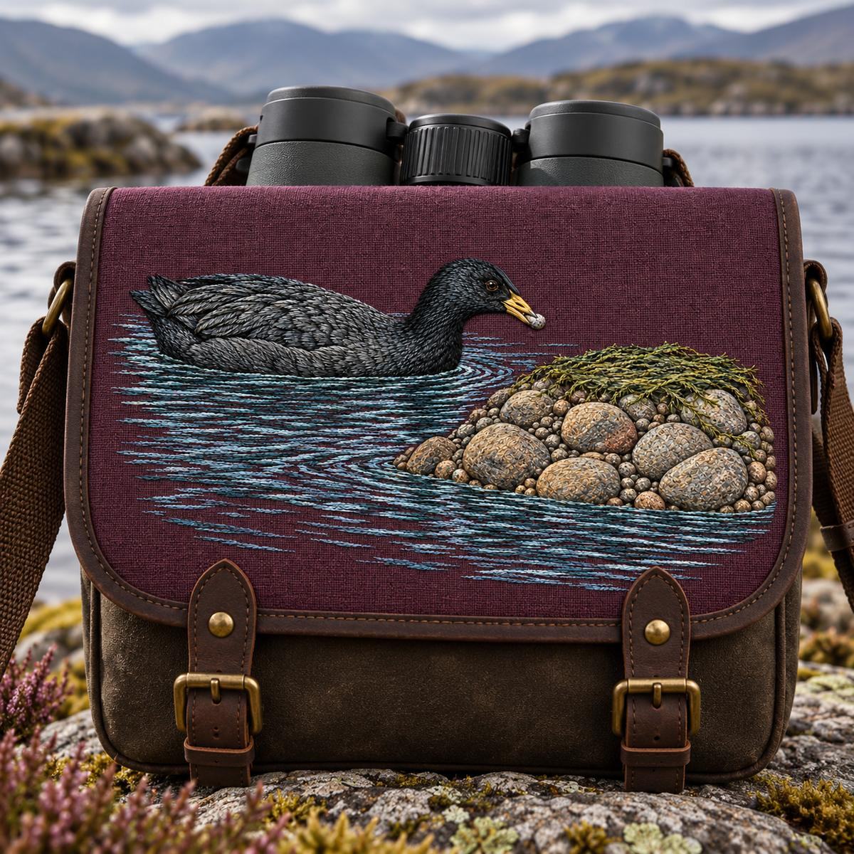 Coot embroidery design in a digital mockup of A wide flat embroidered flap on a binocular carrying case large enough for full motif. Placement inspiration for Study 25.